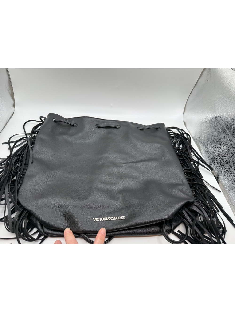 Victoria's Secret Black Faux Leather Fringe Drawstring Tote Bag
